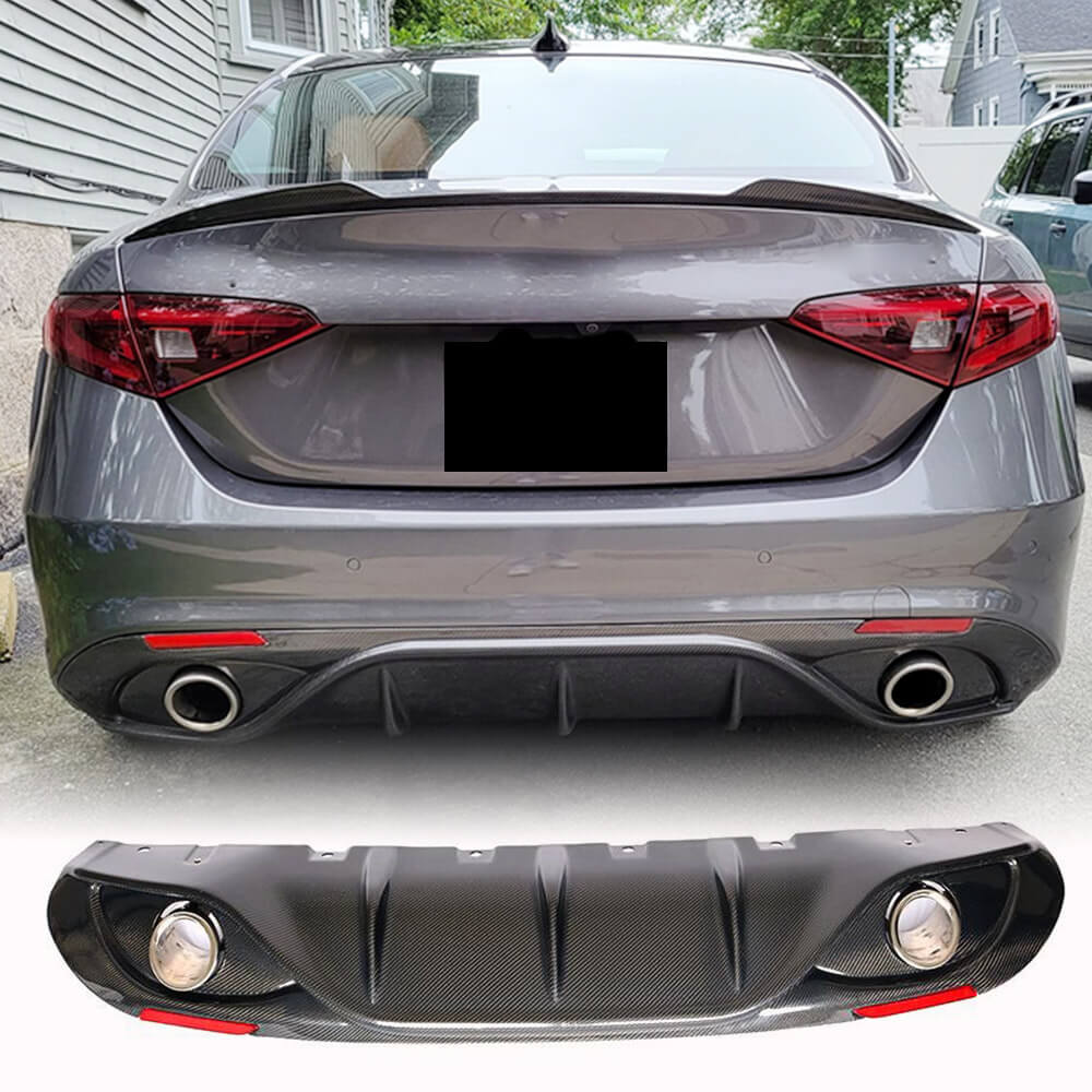 Rear Bumper Diffuser with Tips V2 (for Base, Carbon) for Alfa Romeo Giulia 2016-2022 - image 1