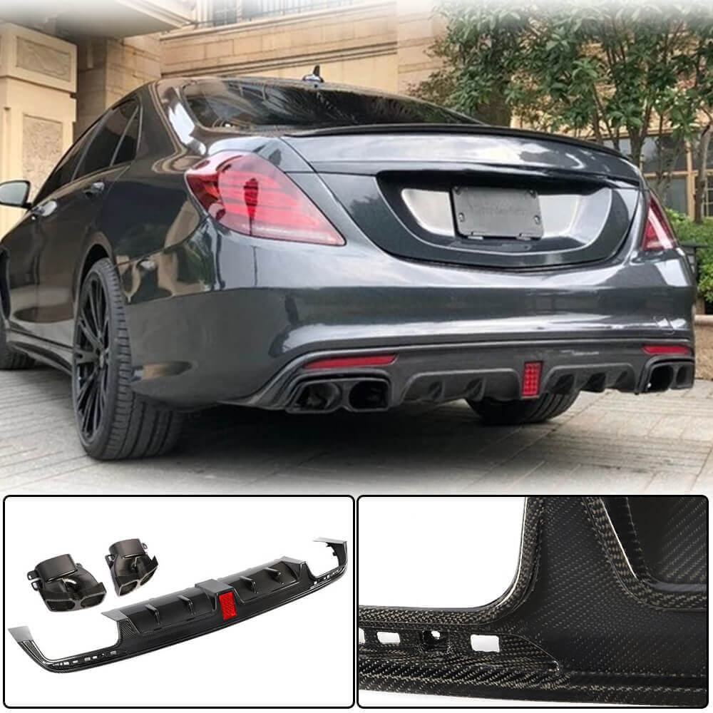 Rear bumper diffuser with exhaust tips (for S63 AMG 2014-2017, Carbon) for Mercedes S-сlass W222 2013-2022 - image 1