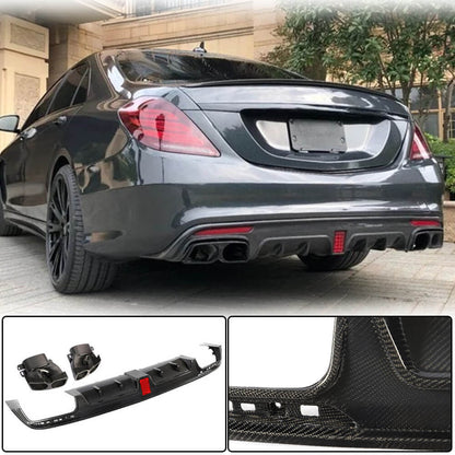 Rear bumper diffuser with exhaust tips (for S63 AMG 2014-2017, Carbon) for Mercedes S-сlass W222 2013-2022 - image 1