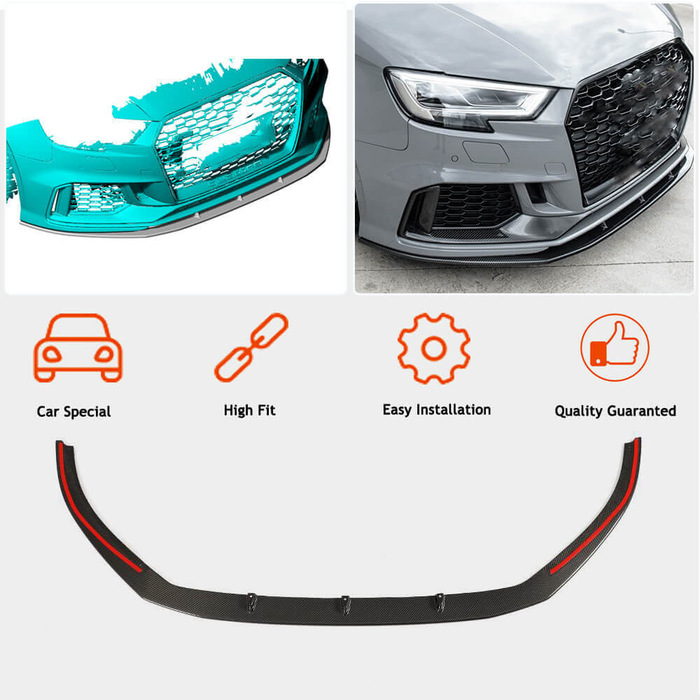 Front Bumper Lip Spoiler V5 (for RS3 Sedan 2017-2020, Carbon) for Audi A3 2012-2020 - image 2