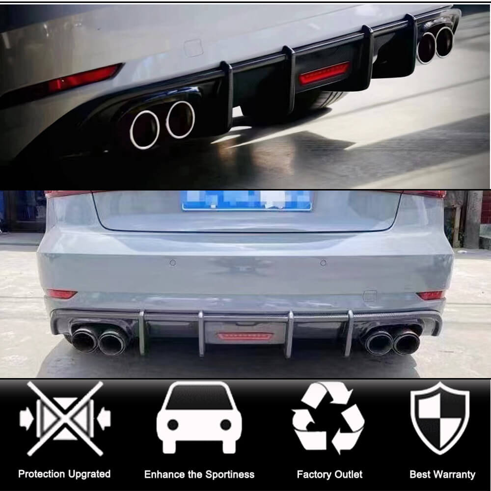 Rear bumper diffuser with LED brake light (for Base Sedan 2017-2020, Carbon) for Audi A3 2012-2020 - image 2