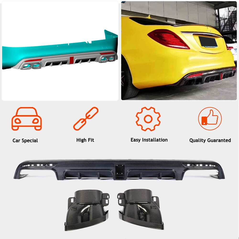 Rear bumper diffuser with exhaust tips (for S63 AMG 2014-2017, Carbon) for Mercedes S-сlass W222 2013-2020 - image 2