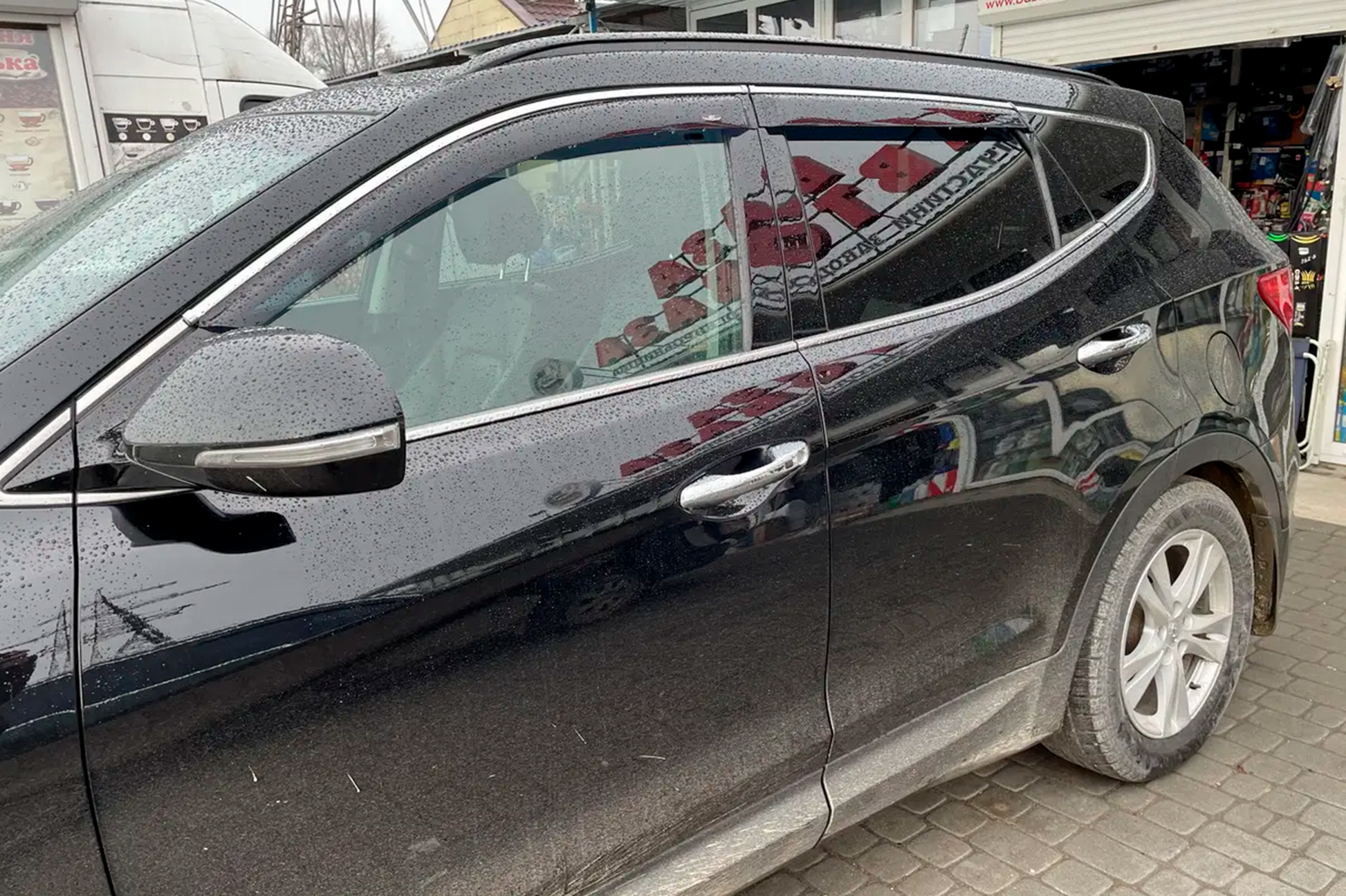 Window deflectors with chrome trim LONG (4 pcs, HIC) for Hyundai Santa Fe 3 2012-2018 - image 1