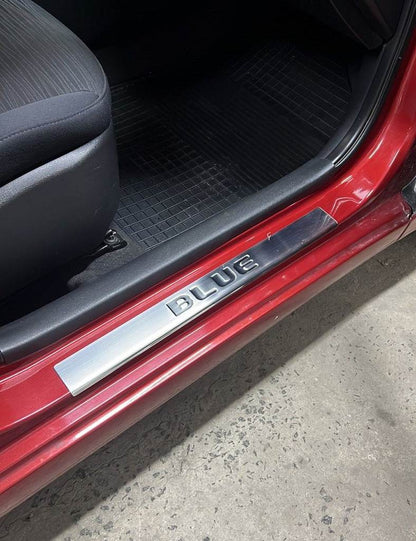 Door sill plates Carmos Blue V2 (4 pcs., stainless steel) for Hyundai Accent 2011-2017 - Reelken Auto