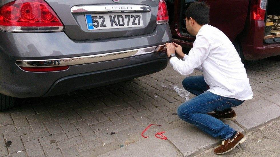 Covers for the rear bumper vtorets (2012↗, stainless steel., 3 pcs) for Fiat Linea 2006-2018 - Reelken Auto