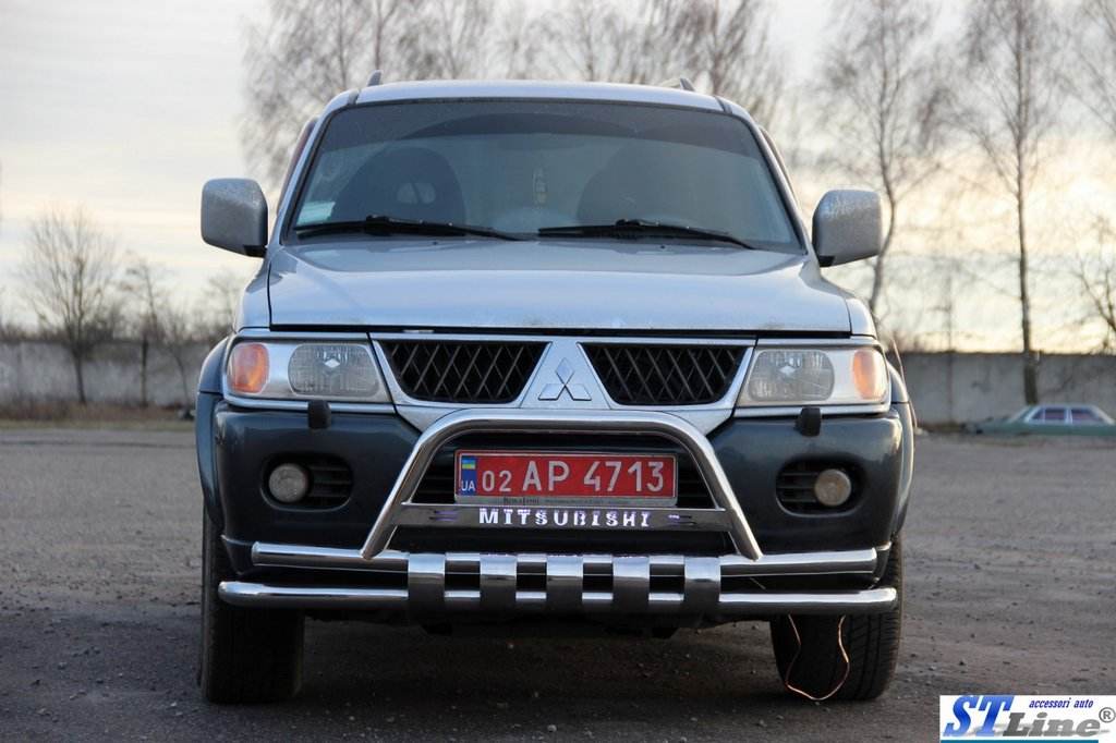 Front protection ST015↗WT (stainless) for Mitsubishi Pajero Sport 1996-2007 - Reelken Auto