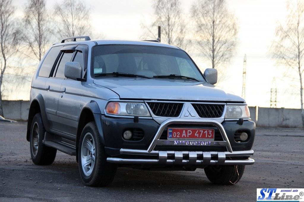 Front protection ST015↗WT (stainless) for Mitsubishi Pajero Sport 1996-2007 - Reelken Auto
