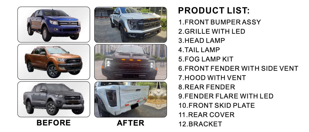 Body Kit Set (F150 Raptor 2023 Design) for Ford Ranger 2011-2022 - image 2