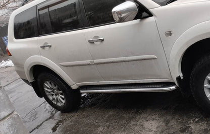 Lateral platforms Maydos V2 (2 PCs., aluminium ↗ stainless) for Mitsubishi Pajero Sport 2008-2015 - Reelken Auto