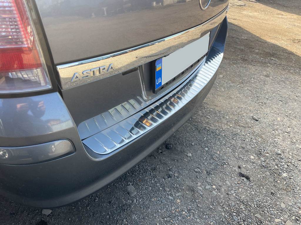 Cover on the rear bumper OmsaLine gloss (SW, stainless steel) for Opel Astra H 2004-2013 - Reelken Auto