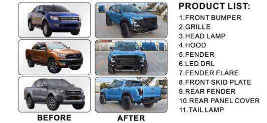 Body kit (F150 Raptor 2015-2020 design) for Ford Ranger 2011-2022 - Reelken Auto