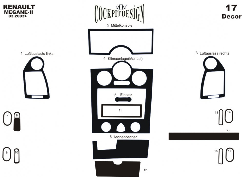 Dashboard Trim Kit 17 pcs (Meric, Turkey) for Renault Megane II 2004-2009 - image 6