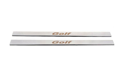 Door sill plates Carmos V1 (2 pcs., Coupe, stainless steel) for Volkswagen Golf 5 - Reelken Auto