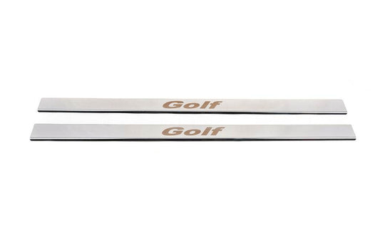 Door sill plates Carmos V1 (2 pcs., Coupe, stainless steel) for Volkswagen Golf 5 - Reelken Auto