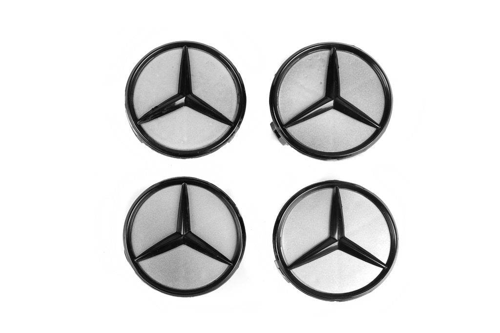 Wheel caps 71/74 mm without ring (4 pcs., gray with black mark) for Mercedes - Reelken Auto
