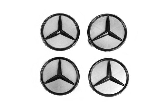 Wheel caps 71/74 mm without ring (4 pcs., gray with black mark) for Mercedes - Reelken Auto
