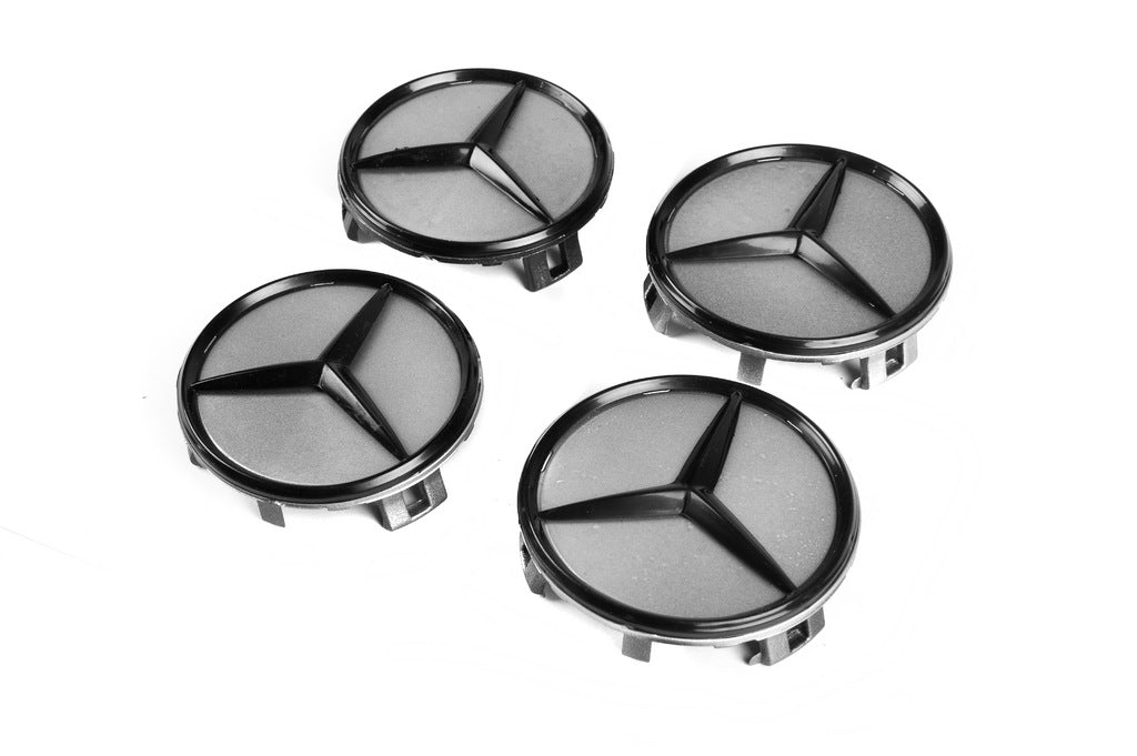 Wheel center caps 71/74 mm without ring (4 pcs, grey with black logo) for Mercedes - image 1