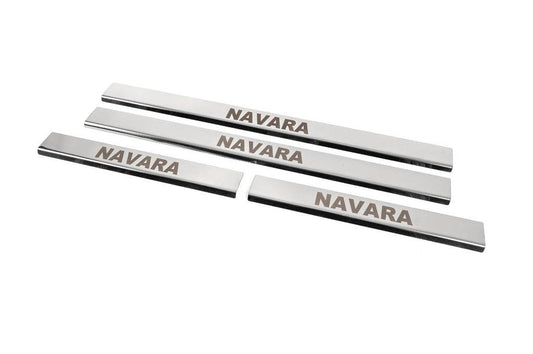 Threshold pads (4 pcs., stainless steel) for Nissan Navara 2006-2015 - Reelken Auto