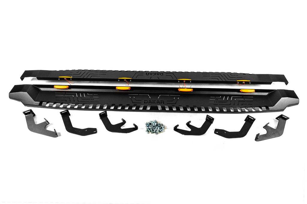 Side sills Dakar V1 with LED (2 pcs, metal) for Toyota Hilux 2015↗ - Reelken Auto