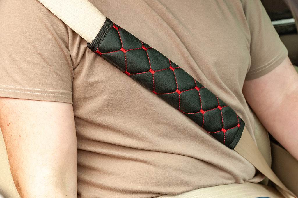 ECO seat belt cover (2 pcs, Black with red thread) - Reelken Auto