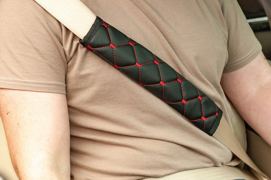 ECO seat belt cover (2 pcs, Black with red thread) - Reelken Auto