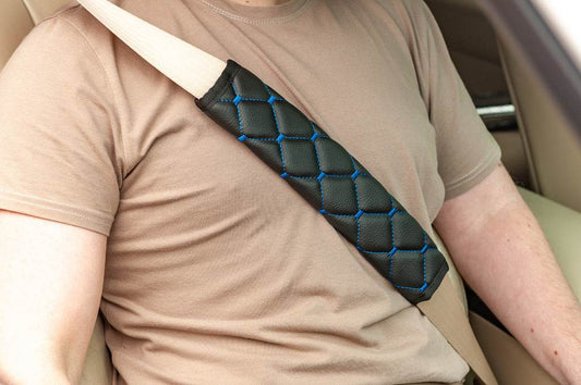ECO seat belt cover (2 pcs, Black with blue thread) - Reelken Auto