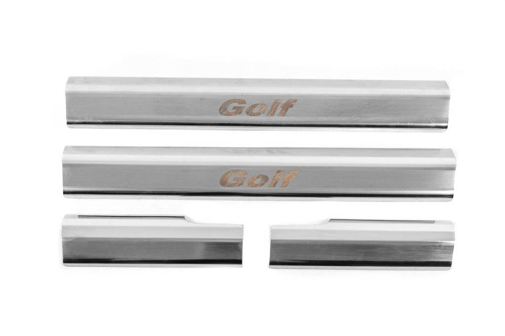 Linings on the inner thresholds of Carmos (4 pcs., stainless steel) for Volkswagen Golf 6 - Reelken Auto