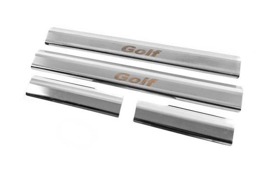 Linings on the inner thresholds of Carmos (4 pcs., stainless steel) for Volkswagen Golf 6 - Reelken Auto