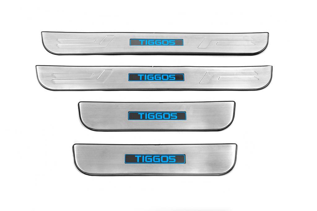 Door sills Libao LED (4 pcs, stainless steel) for Chery Tiggo 5 - Reelken Auto
