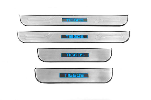 Door sills Libao LED (4 pcs, stainless steel) for Chery Tiggo 5 - Reelken Auto