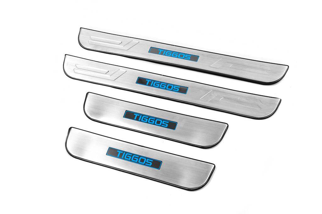 Door sills Libao LED (4 pcs, stainless steel) for Chery Tiggo 5 - Reelken Auto